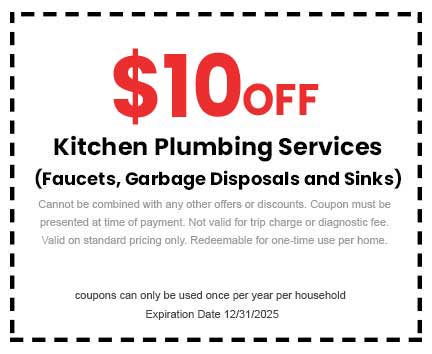  off kitchen plumbing services coupon for faucets, garbage disposals, and sinks, with terms for redemption and expiration date 12/31/2025.
