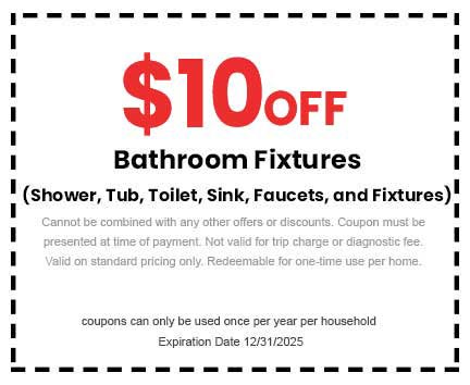  off coupon for bathroom fixtures including shower, tub, toilet, sink, faucets, and fixtures, with terms for redemption and expiration date 12/31/2025, promoting Barcena Plumbing services.