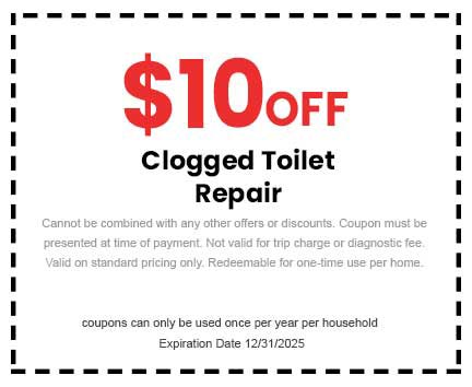  off clogged toilet repair coupon from Barcena Plumbing, with terms for redemption and expiration date of 12/31/2025.