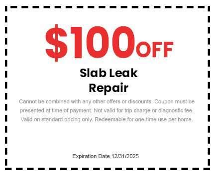 0 off Slab Leak Repair coupon from Barcena Plumbing, with terms including non-combinability with other offers, validity on standard pricing, and expiration date of 12/31/2025.