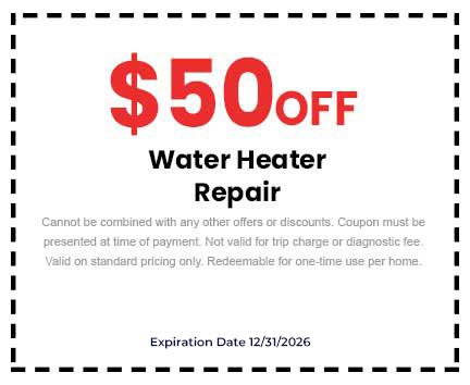  off water heater repair coupon from Barcena Plumbing, with terms and expiration date 12/31/2026.