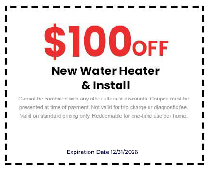 0 off coupon for new water heater and installation, terms and conditions included, expiration date 12/31/2026.