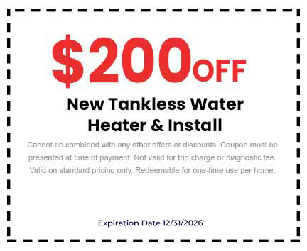 0 off new tankless water heater and installation coupon, terms for redemption, expiration date 12/31/2026, Barcena Plumbing promotional offer.