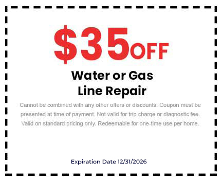  off coupon for water or gas line repair from Barcena Plumbing, with terms for redemption and expiration date 12/31/2026.