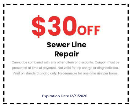 off coupon for sewer line repair from Barcena Plumbing, with terms stating it cannot be combined with other offers, valid for one-time use per home, and expiration date of 12/31/2026.