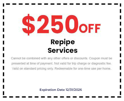 0 off repipe services coupon for Barcena Plumbing, valid until 12/31/2026, terms include non-combinable with other offers and one-time use per home.